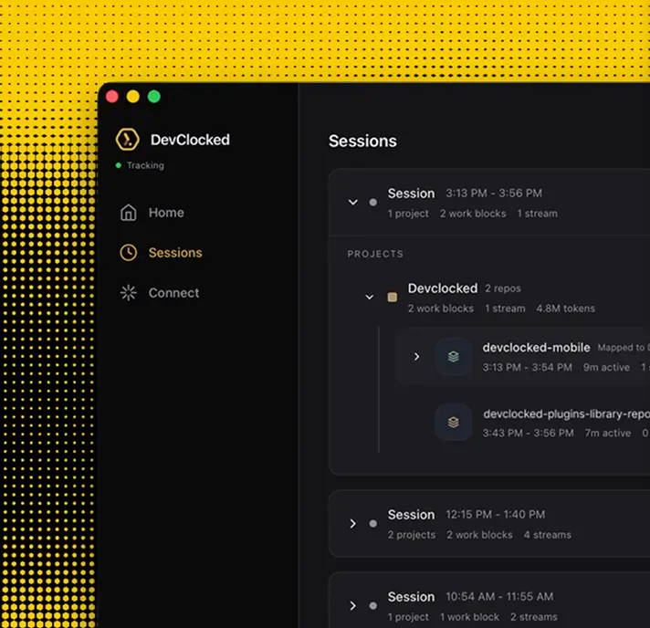 DevClocked Mac app sessions panel